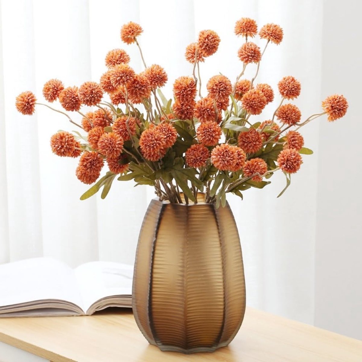 6 Stuks Kunstmatige Pompon Mums, Faux Zijde Mini Chrysanten met Stelen voor DIY Boeketten en Bruiloft Decoratie in Verbrande Oranje