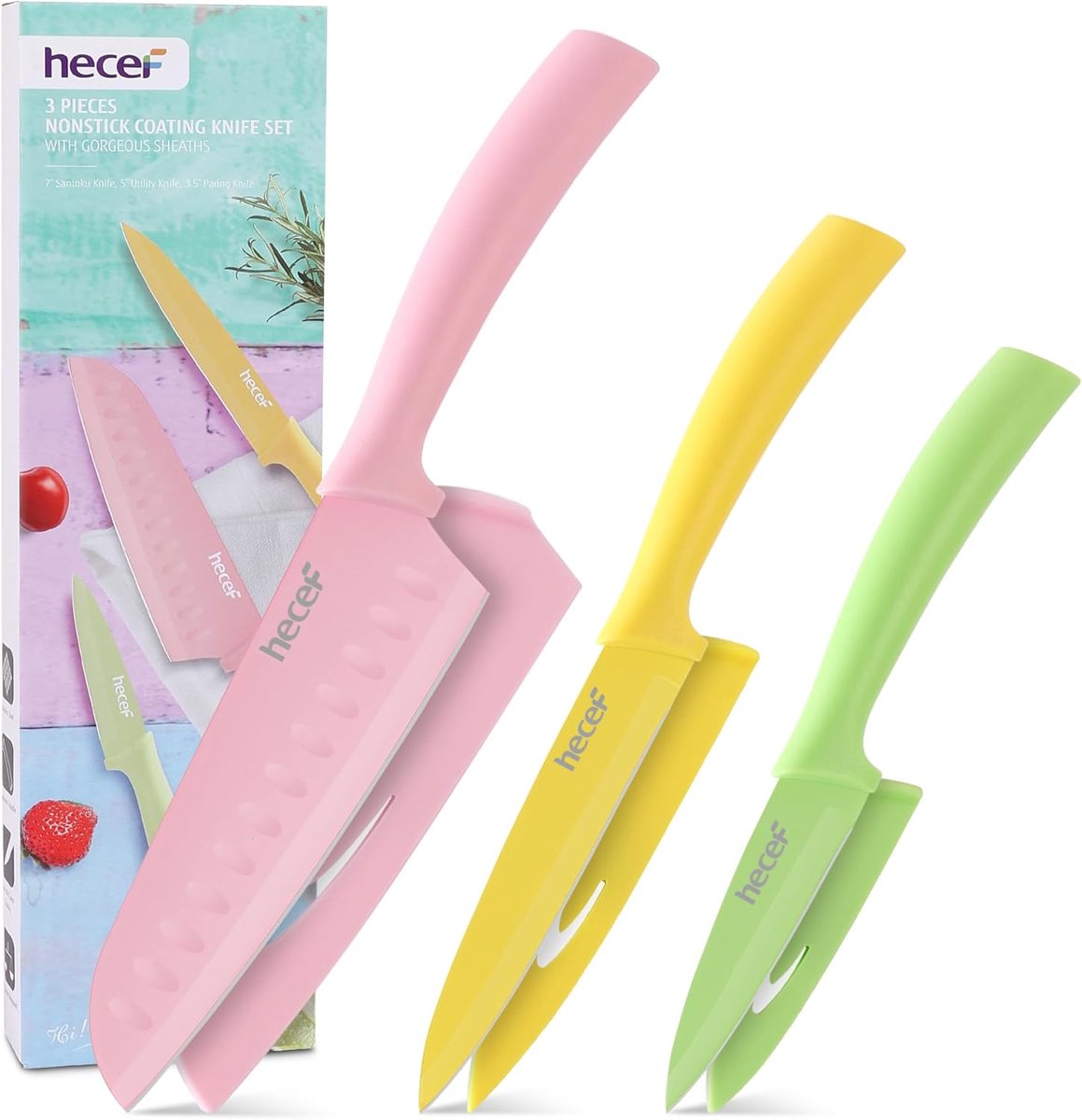 SnelShoppen - Set van 3 Kookmessen met Scheden, RVS, Kleurrijke Anti-aanbak Coating, Santoku, Universeel en Schilmes, Ideaal voor de Keuken