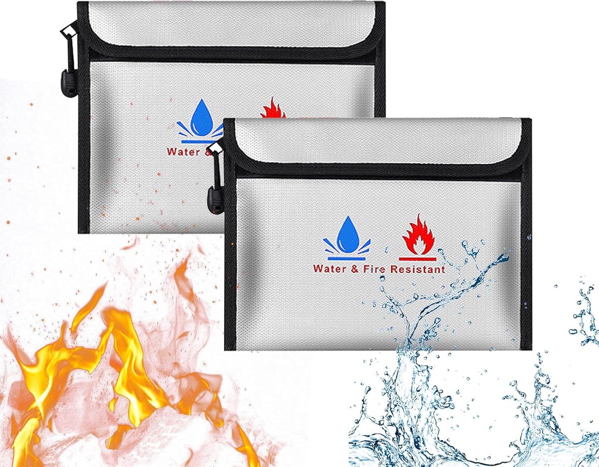 SnelShoppen - Brandveilige Documententas 23 x 17.5 cm, Waterdicht en Brandwerend, Set van 2 voor Documenten, Geld, Paspoort, Bankbestanden en Contant