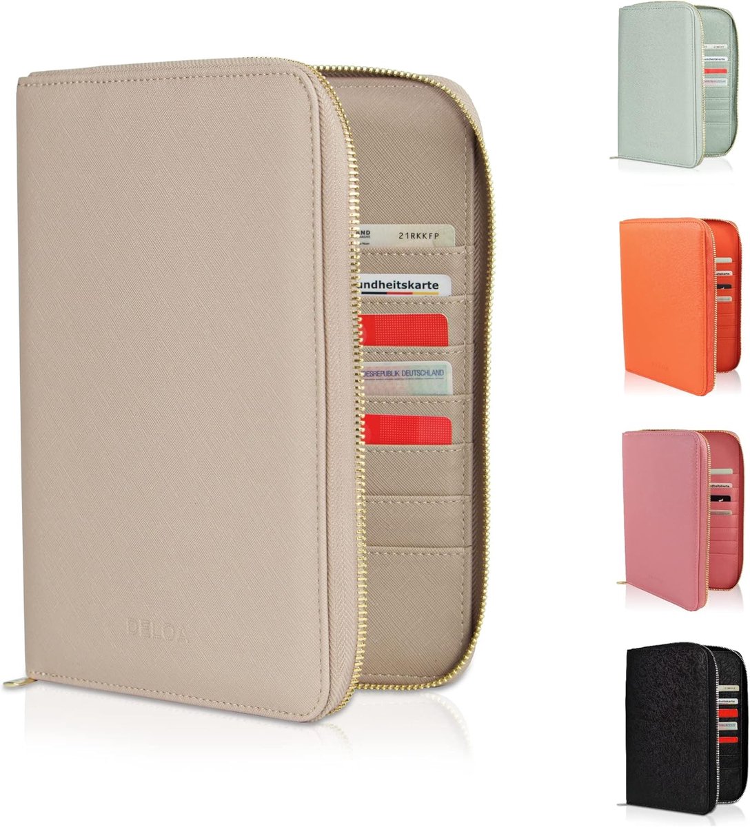 SnelShoppen - Travel Documenten en Paspoort Hoes, 3-in-1 Organiser met Vaccinatiebewijs Pocket in Saffiano Faux Leer, Beige, Perfect voor Reizen en Do
