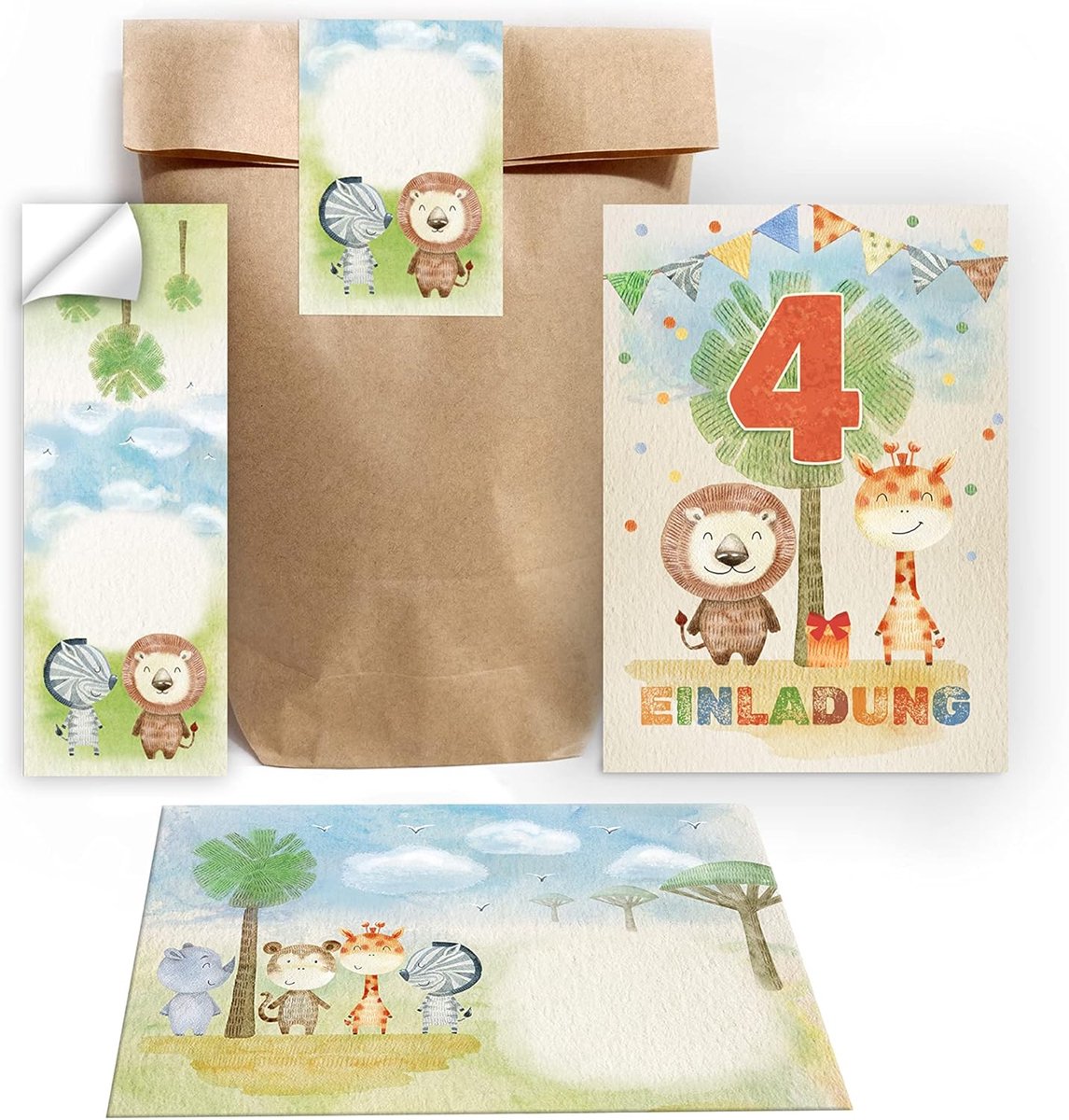 SnelShoppen - 12 Uitnodigingen 4e Verjaardag Kinderen - Dieren Thema - Inclusief 12 Enveloppen, 12 Cadeautasjes en Stickers - Perfect voor Feestjes vo