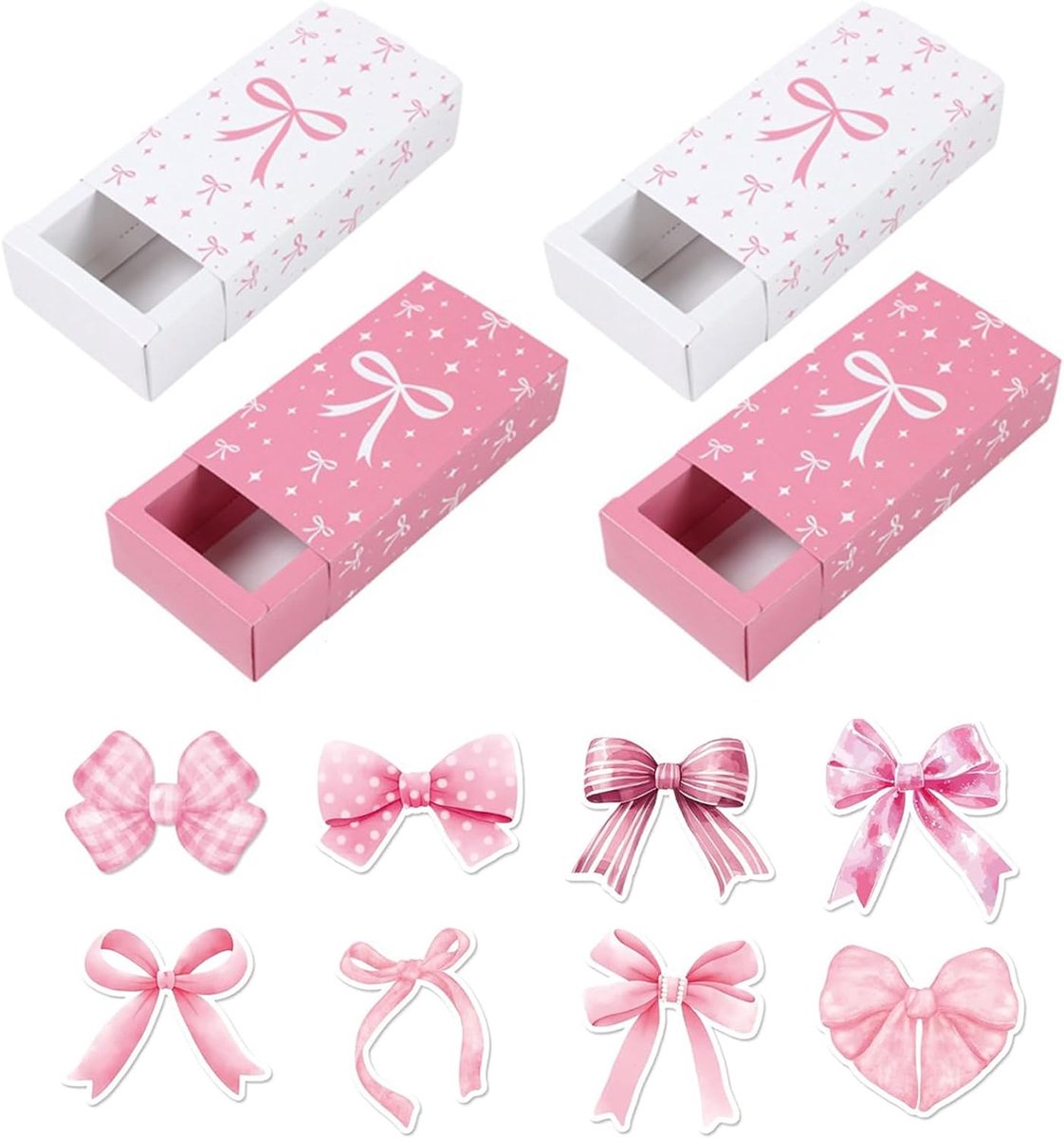 SnelShoppen - Set van 4 Opvouwbare Geschenkdozen Roze met Linten, Bedankkaartjes en 8 Stickers - Perfect voor Verjaardagen, Bruiloften en Feestjes
