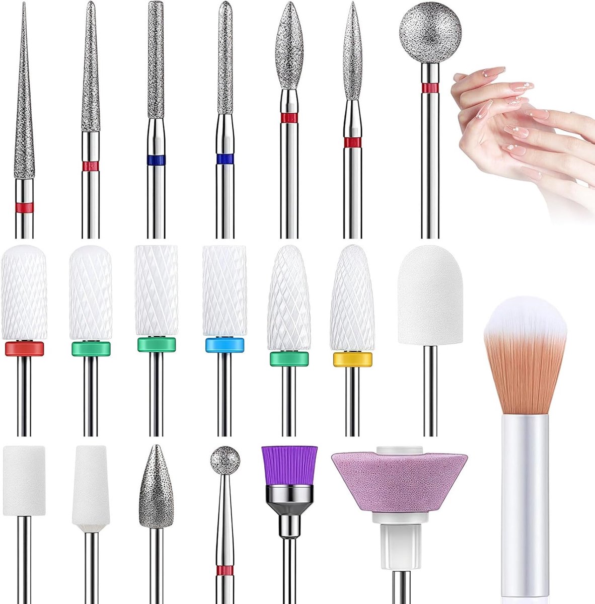 SnelShoppen - 19-delige Nagel Cutter Bits Set 3/32″ - Diamant, Keramiek, Carbide + Borstel | Professionele Manicure & Pedicure | Gel & Acryl Verwijder