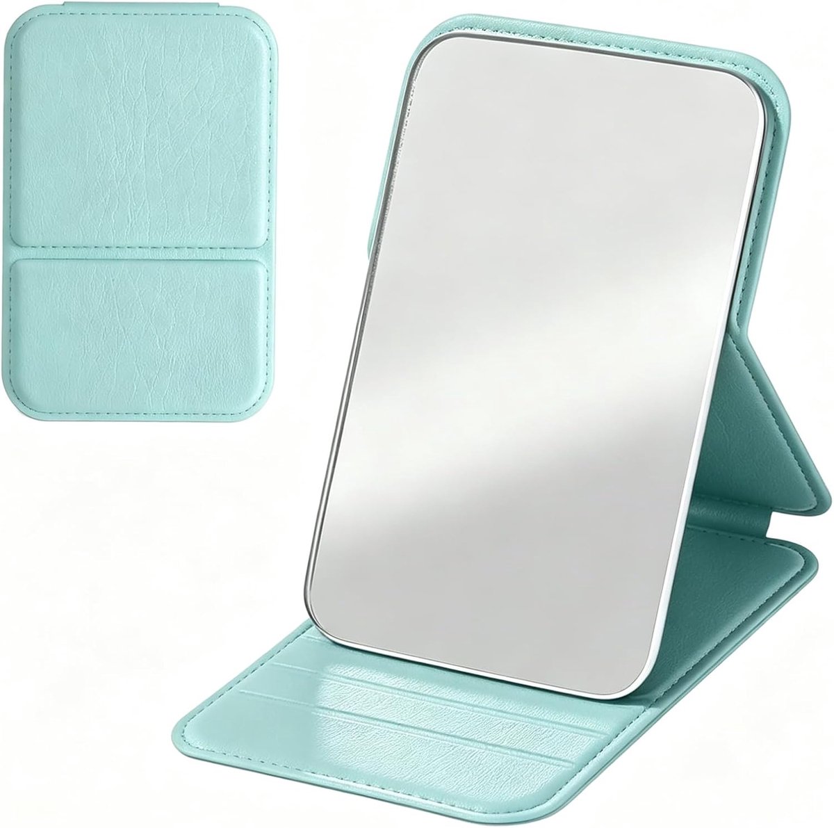 SnelShoppen - Kleine Draagbare Make-up Spiegel 11 x 7 cm, PU-leer, Super HD, Groene Compacte Zakspiegel voor Scheren en Make-up, Perfect voor Reizen e