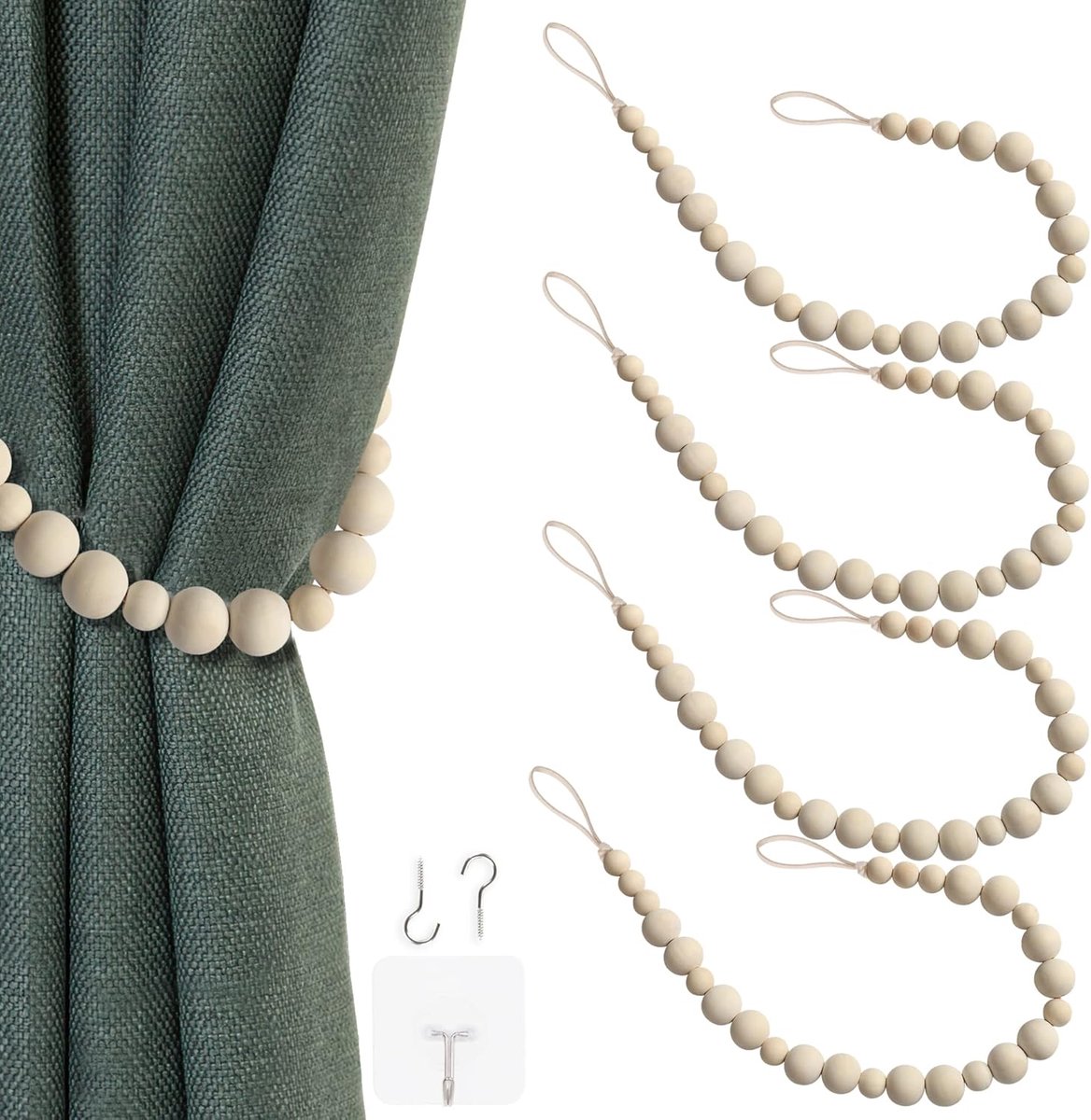 SnelShoppen - 4 Stuks Houten Kralen Gordijn Tiebacks - Boho Gordijn Holdbacks voor Raambehandeling - Natuurlijk Hout met Lederen Touw - Inclusief Goud