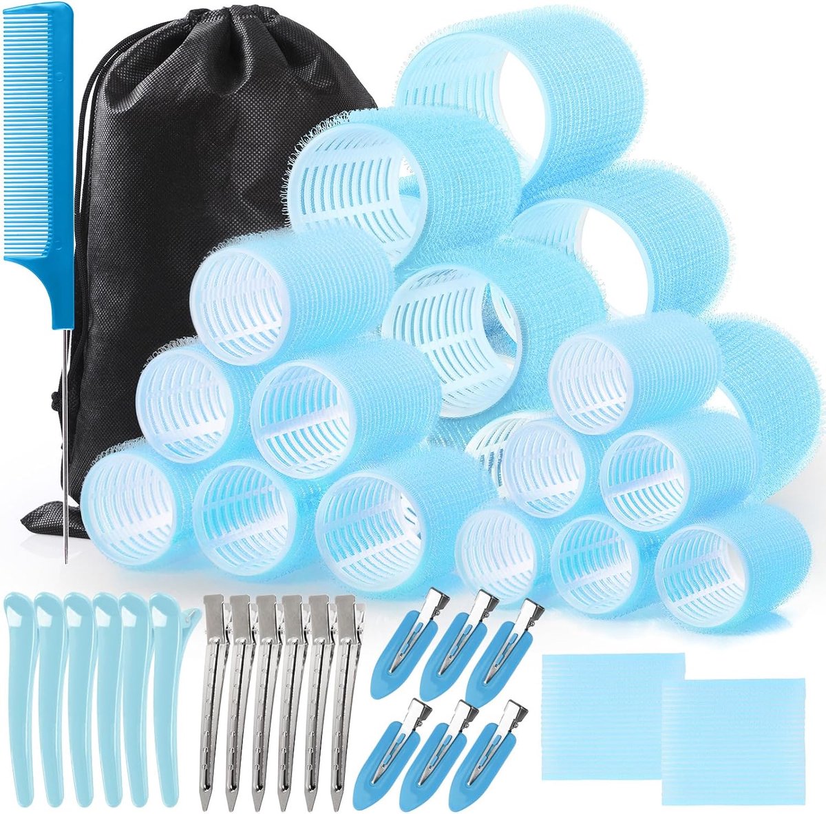 SnelShoppen - Set van 45 Zelfklevende Krulspelden met 4 Verschillende Maten (55/45/36/25mm), Inclusief Kam, 18 Clips, 2 Pony Stickers, Blauw voor Fees