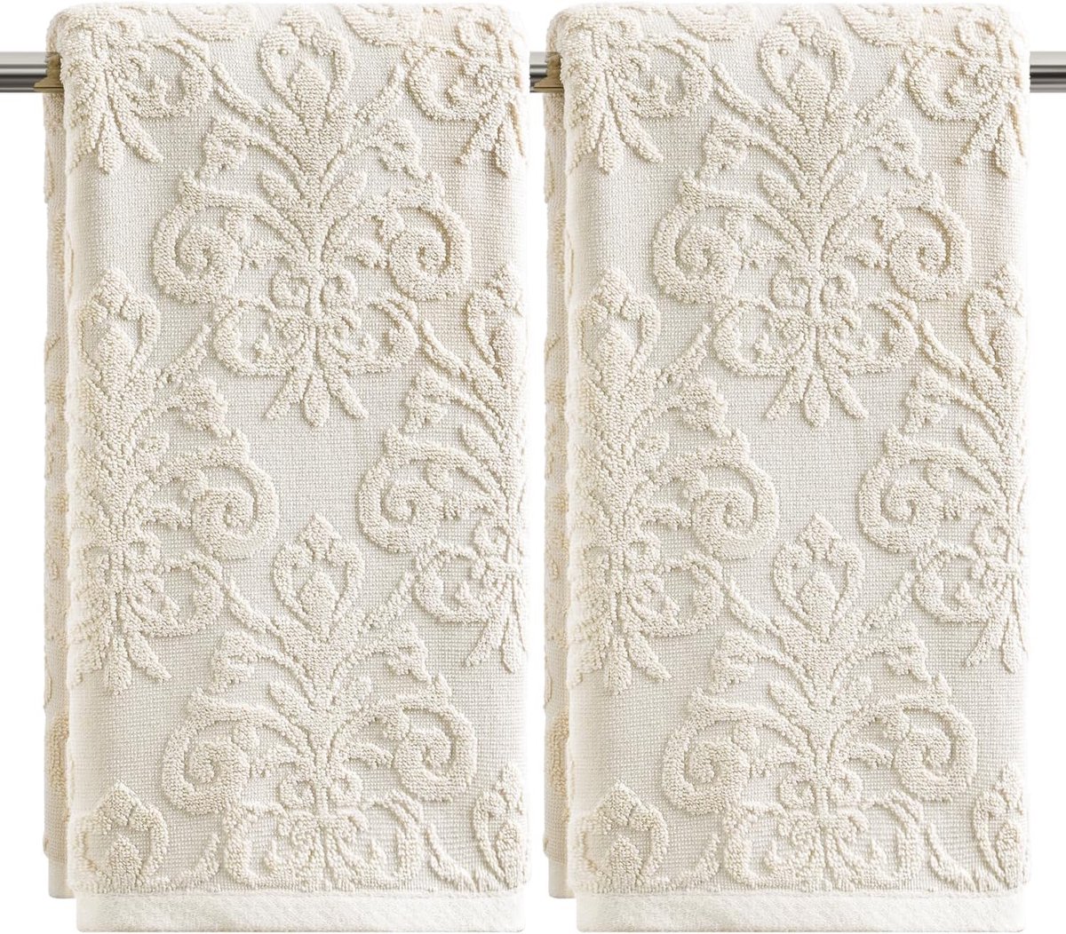 SnelShoppen - Set van 2 Beige 3D Vintage Bloemen Badhanddoeken 35 x 75 cm | 100% Katoen Jacquard Zacht Absorberend Badkamerdecoratie