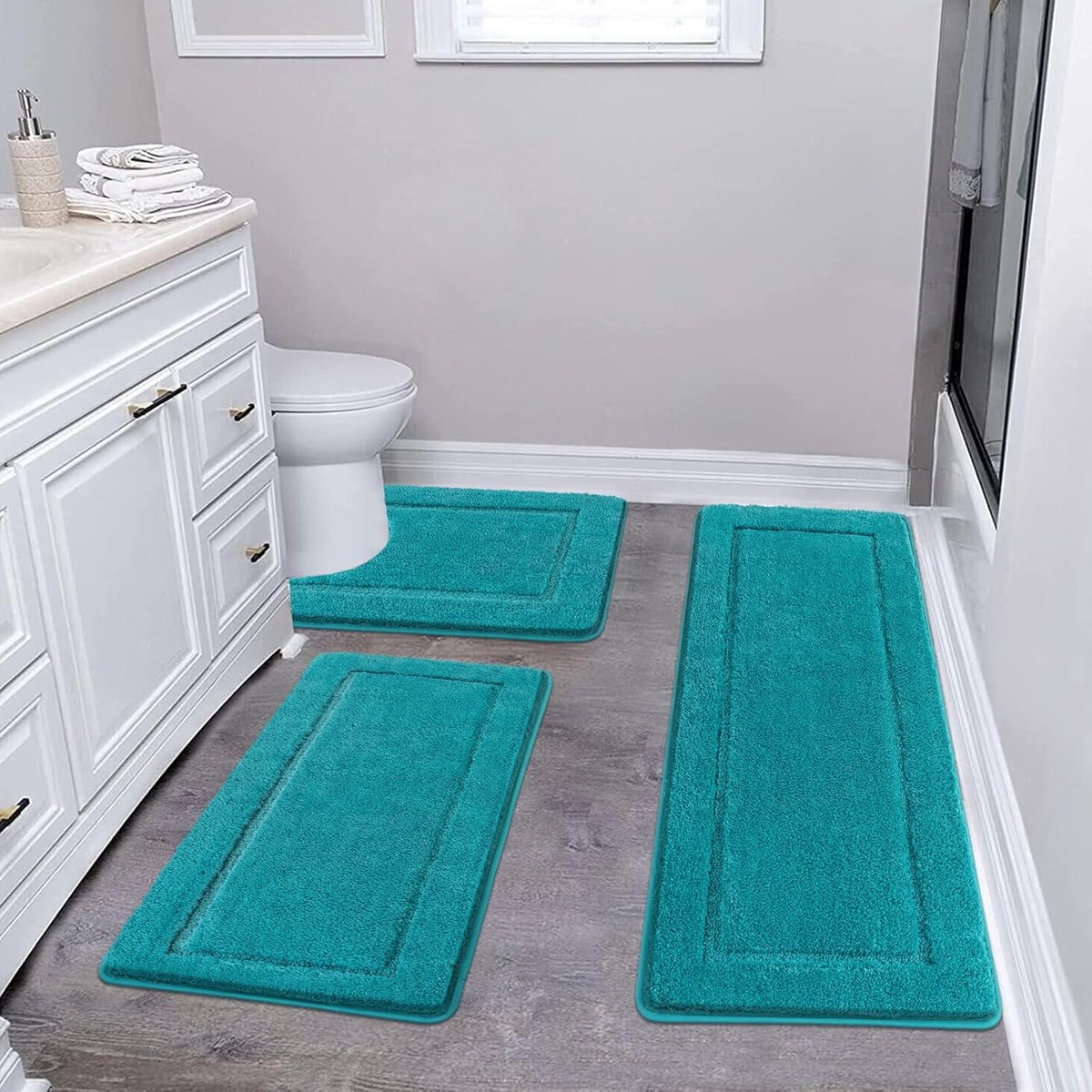 SnelShoppen - Set van 3 Microfiber Badmatten en Toiletmat - Antislip, Wasbaar, Absorberend, Turquoise - Perfect voor Badkamer, Douche, Toilet