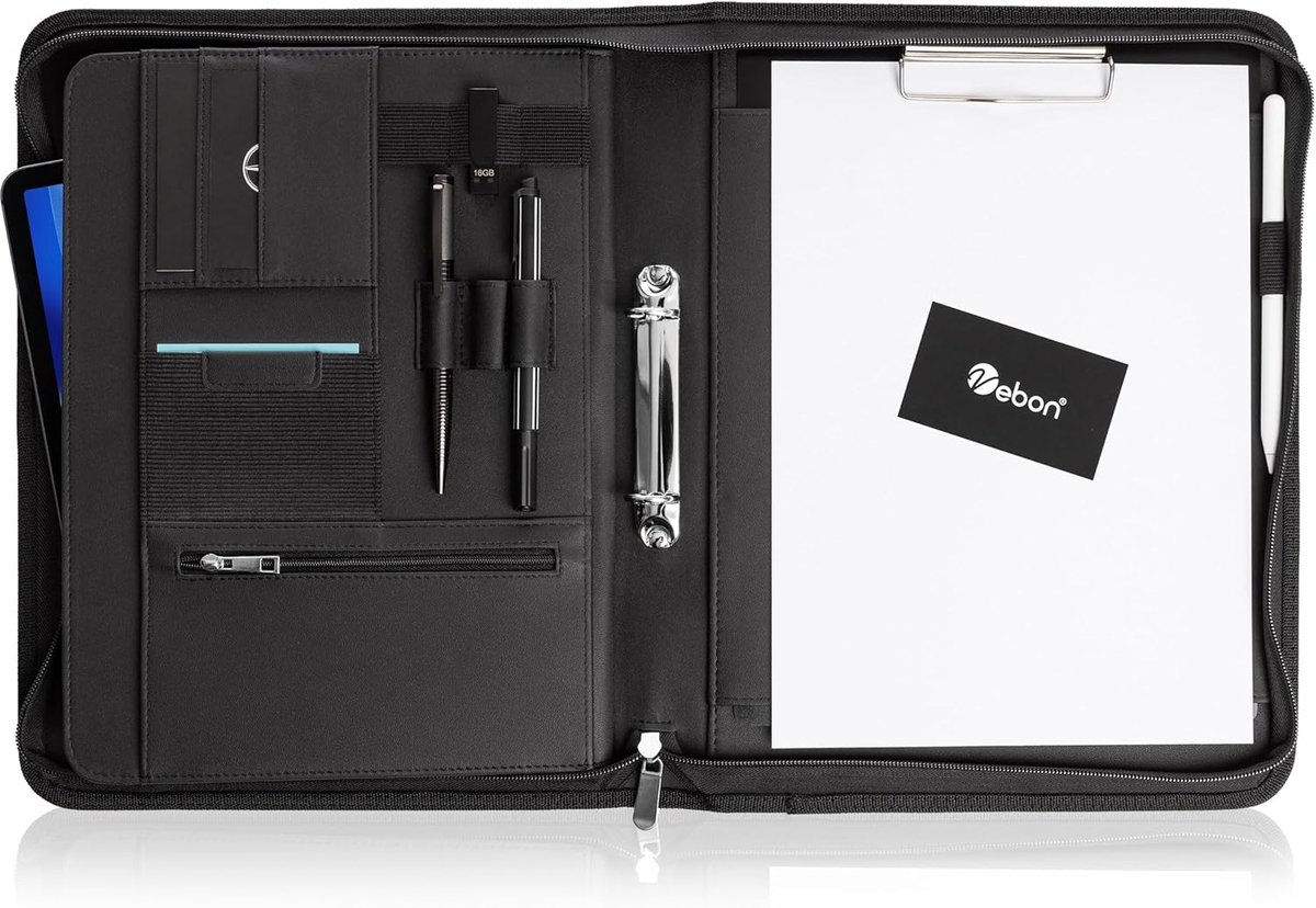 SnelShoppen - Vebon Ringbinder A4 Paris Zip met Laptoptas, Extra Opbergruimte, Faux Leer, Zwart, Perfect voor Presentaties en Organisatie