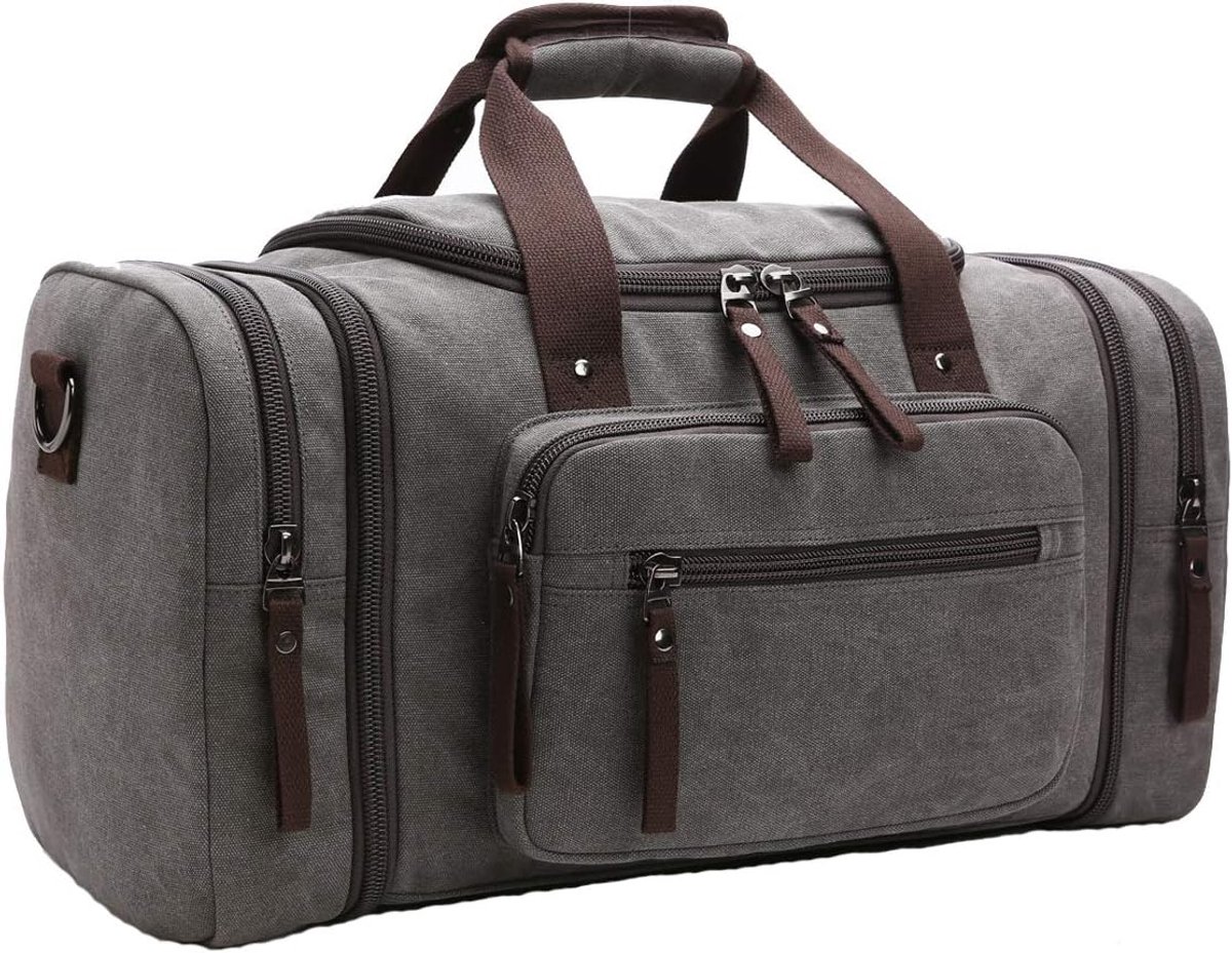 SnelShoppen - Canvas Duffle Bag voor Reis - Unisex Grote Duffle Bag voor Overnachting en Weekend met Tote Bag voor Mannen en Vrouwen - Grijs L