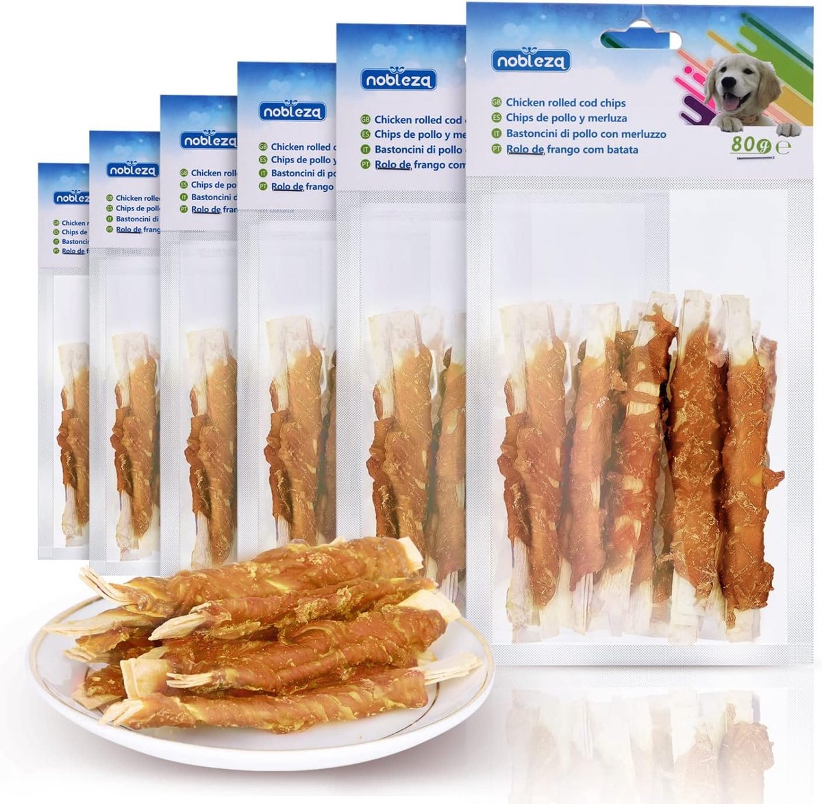 SnelShoppen - Honden Kauwsnacks, Natuurlijke Kippen en Kabeljauw, Trainingssnacks voor Honden, 10 cm, 6 x 80g, Gezonde Hondensnacks
