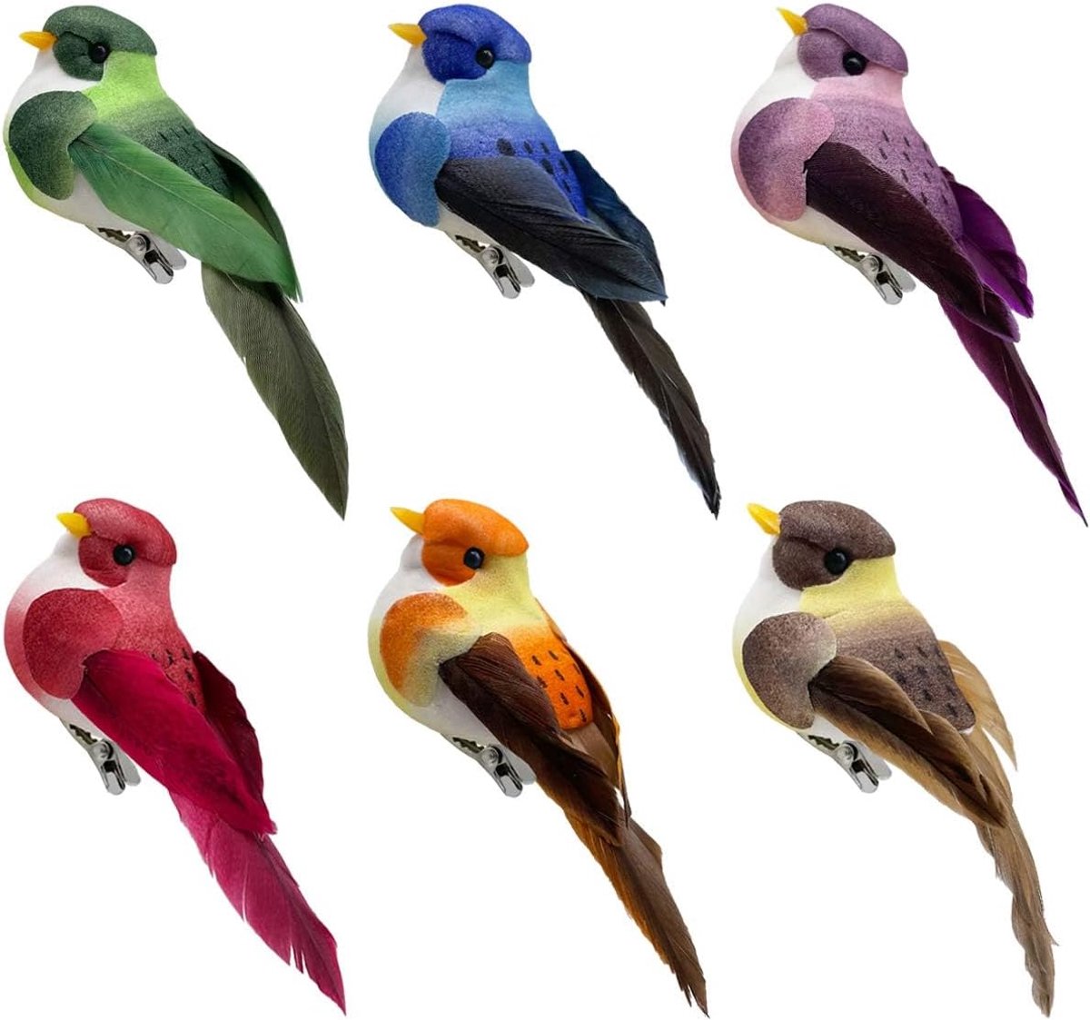 SnelShoppen - 6 Pcs Neppige Vogels Clip-on Kunstmatige Vogels voor Decoratie, 8cm Kleine Kleurrijke Foam Veren Spreeuwen voor Kerstboom, Kransen en Fe
