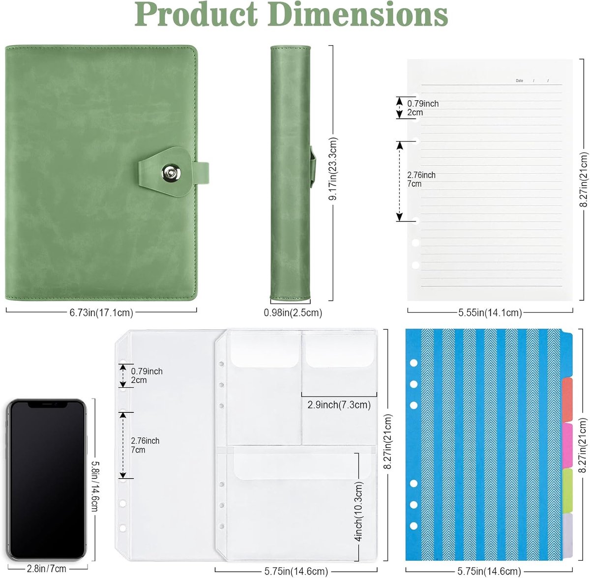 SnelShoppen - PU Leather A5 Ring Binder Notebook - 6 Ring Binder met 200 Vullingen - Planner met Scheiders - Perfect voor Kantoor en School - Olive Gr