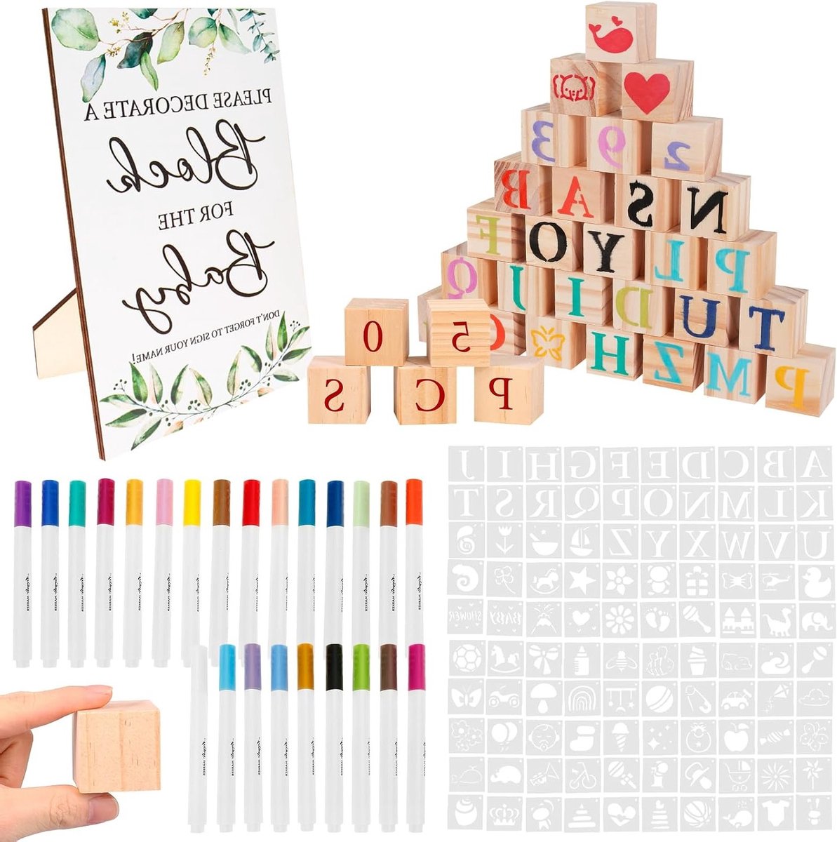 Creatieve babyshower spelset met 175 onderdelen, houten bouwstenen beschilderen, gastenboek alternatief, 50 blokken, 24 pennen en 100 sjablonen voor een unieke ervaring