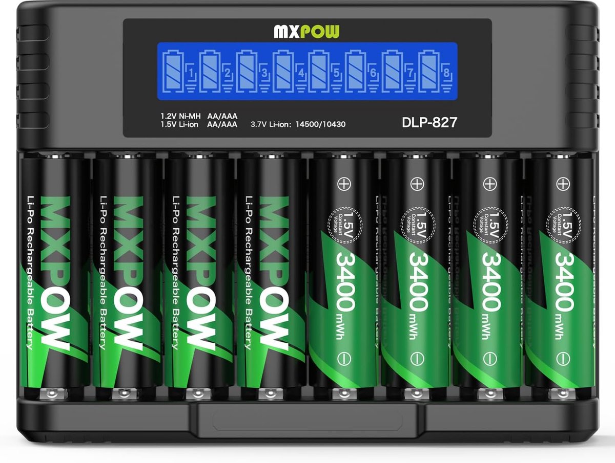 SnelShoppen - AA Lithium Batterijen Oplaadbaar 8 Stuks met Oplader 1.5V 3400mWh - Hoge Capaciteit, 1500 Cycli, Ideaal voor Afstandsbedieningen, Wandkl