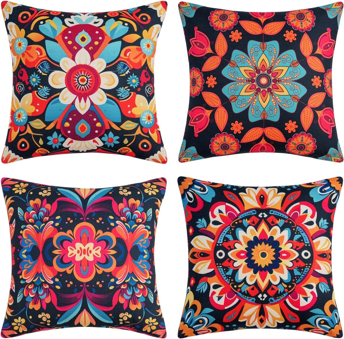 SnelShoppen - Boho Kussenhoezen Set van 4 - 40 x 40 cm - Kleurrijke Ethno Bloemen - Bohemian Decoratieve Kussens - Geometrisch Patroon - Voor Sofa, Sl
