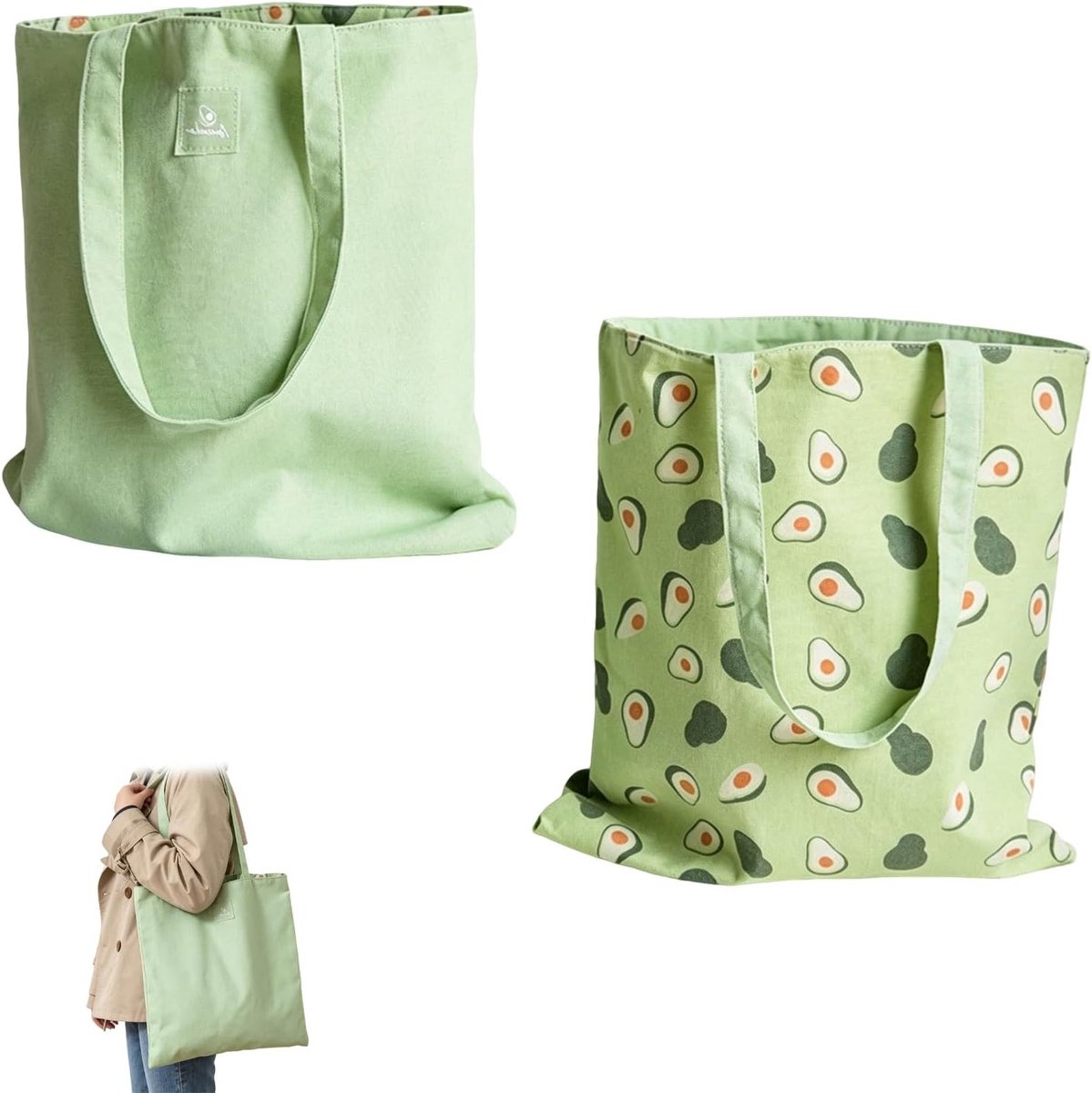 Canvas boodschappentas 40 x 36 cm - 100% katoen - omkeerbaar avocadodesign - ideaal voor winkelen - ShopVlot