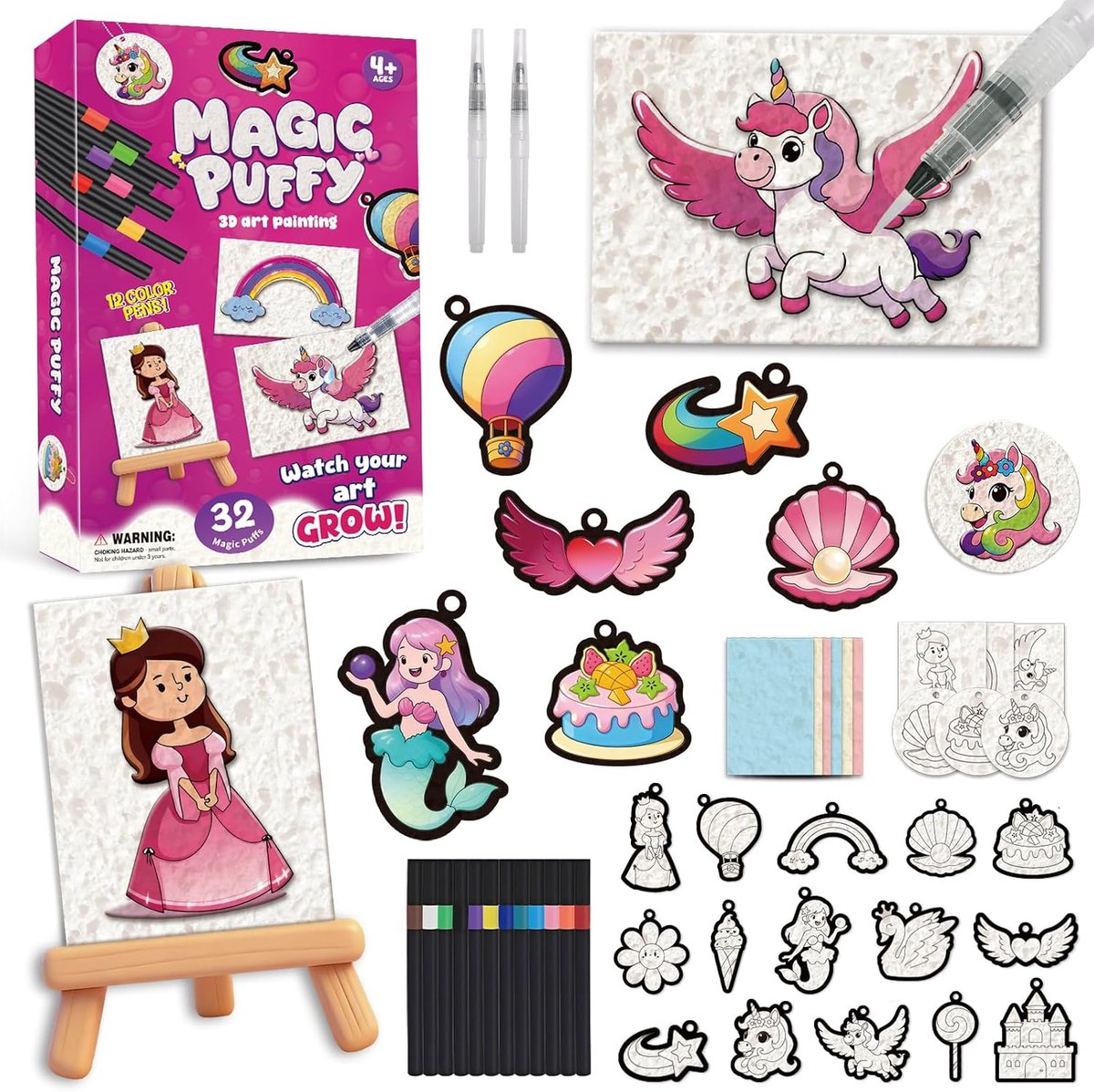 SnelShoppen - 63-delige 3D Magic Foam Puffy Painting Kit voor Kinderen - Creatieve Schuimkunst Set met Prinsessen Motief, Markers, Druppelstift en Pre