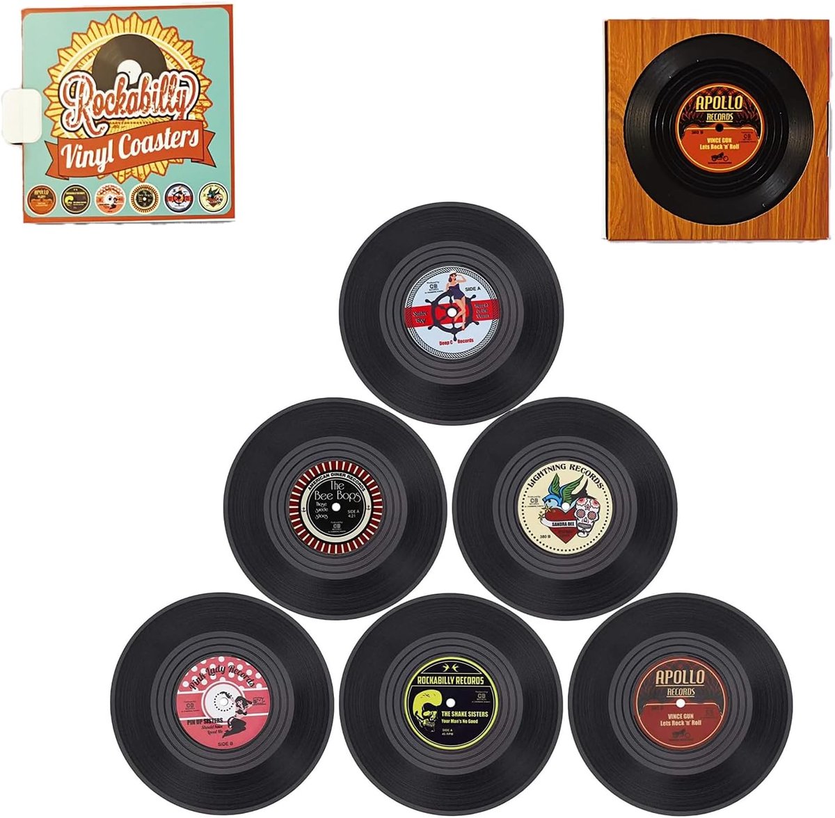SnelShoppen - Set van 6 Retro Vinyl CD Coasters - Non-Slip Drinkonderzetters voor Thuis, Kantoor en Feestjes - Duurzaam ABS Materiaal - Perfect voor H