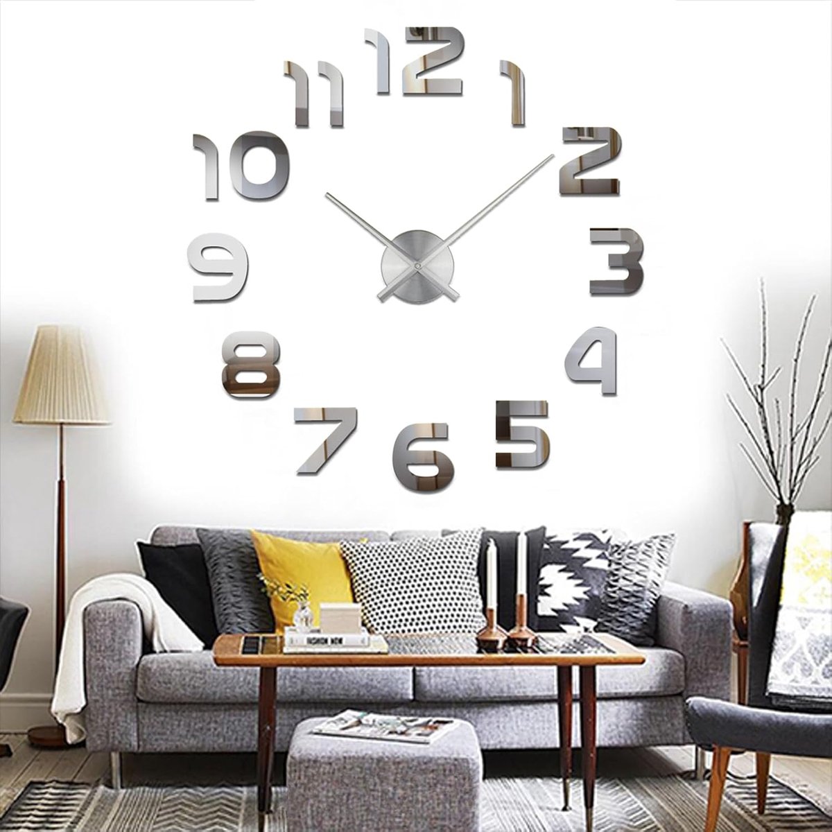SnelShoppen - Modern DIY Wandklok 3D Sticker, Geluidsloos, Eenvoudig te Monteren, Wanddecoratie voor Thuis, Kantoor, Hotel, Zilver, Grote Versie (50-1