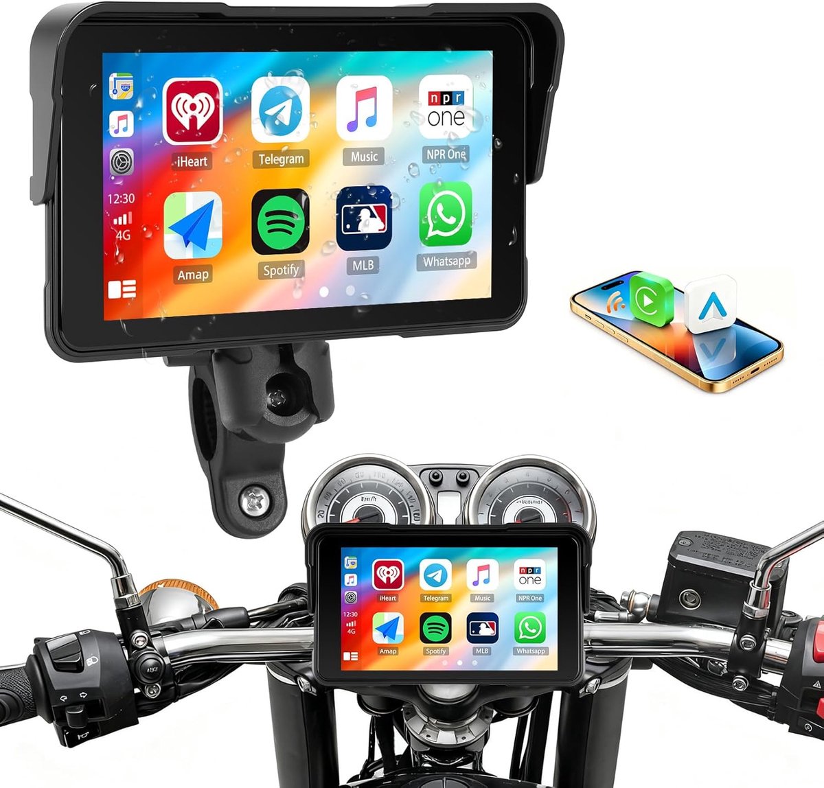 SnelShoppen - Draadloos Motorrijders Display 5 Inch IPS HD Scherm met CarPlay & Android Auto - IP68 Bluetooth Universeel met EQ Instelling