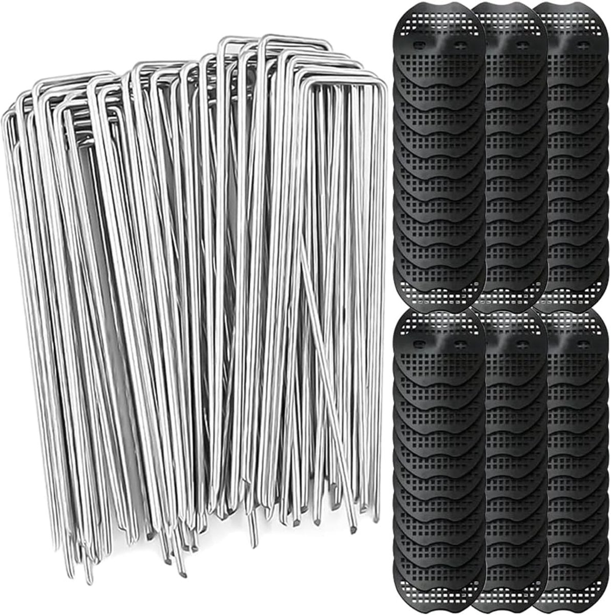 SnelShoppen - Pack van 60 Grondankers voor Onkruiddoek, U-Pegs 150 x 40 mm + 60 Bufferdisc, Galvaniseerd Antiroest, Ideaal voor Tuin, Terras en Landsc