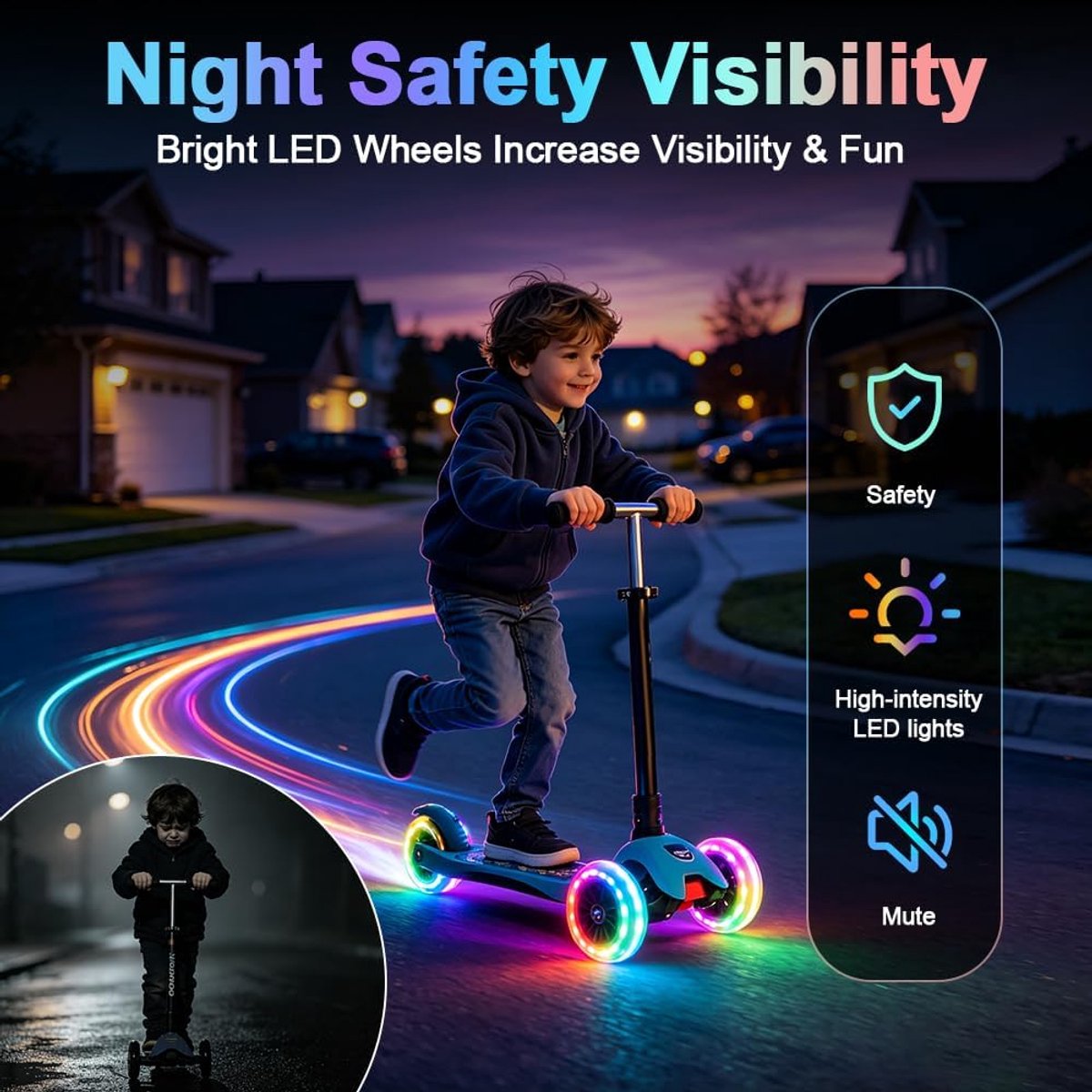 SnelShoppen - 2 Stuks Stuntstep-Banden 200 x 30 mm PU Lichtgevende Scooterwielen met LED Knipperlicht en ABEC-7 Kogellagers, Zwart, Antislip, Stil voo