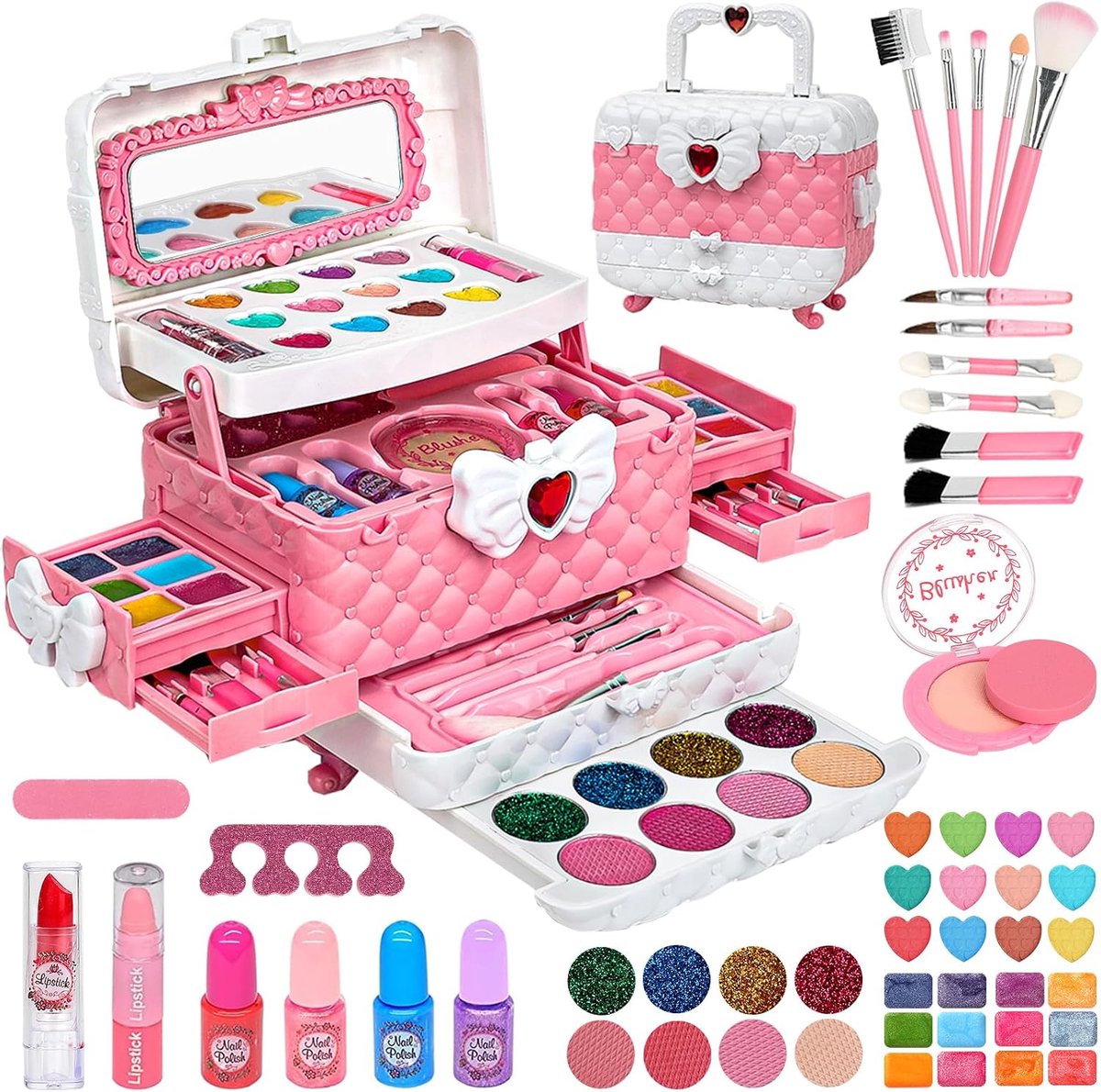 SnelShoppen - 55-delig Make-up Set voor Meisjes met Wasbare Kindermake-up, Perfect Geschenk voor Kinderen van 3 tot 10 Jaar, Huidvriendelijk en Veilig