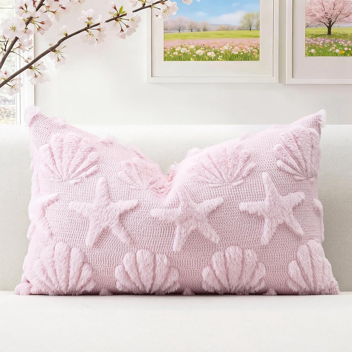 SnelShoppen - Zachte Shell Starfish Kussenhoes 40x60cm - Luxe Pluche Velours - Roze Stranddecoratie voor Sofa en Lumbar - Perfect voor Lente en Zomer