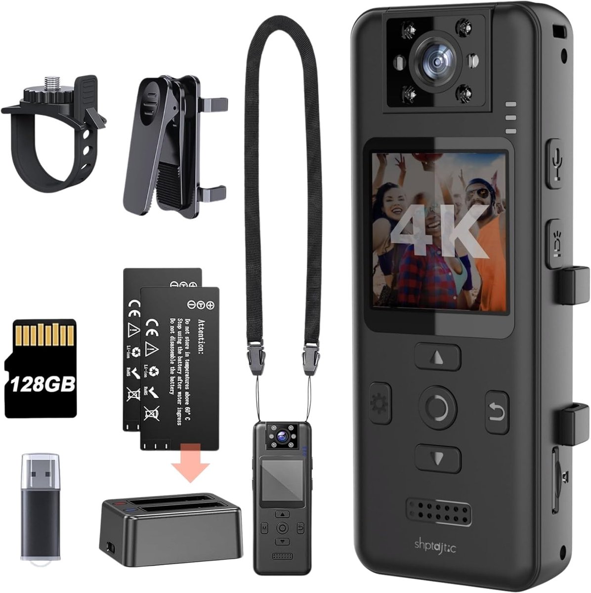 SnelShoppen - 128GB 4K Body Cam met 180° Draaibare Lens, Sportcamera met 6 Uur Batterij, Vervangbare Batterij, Oplaadstation, Nachtzicht, Draagbare Ca