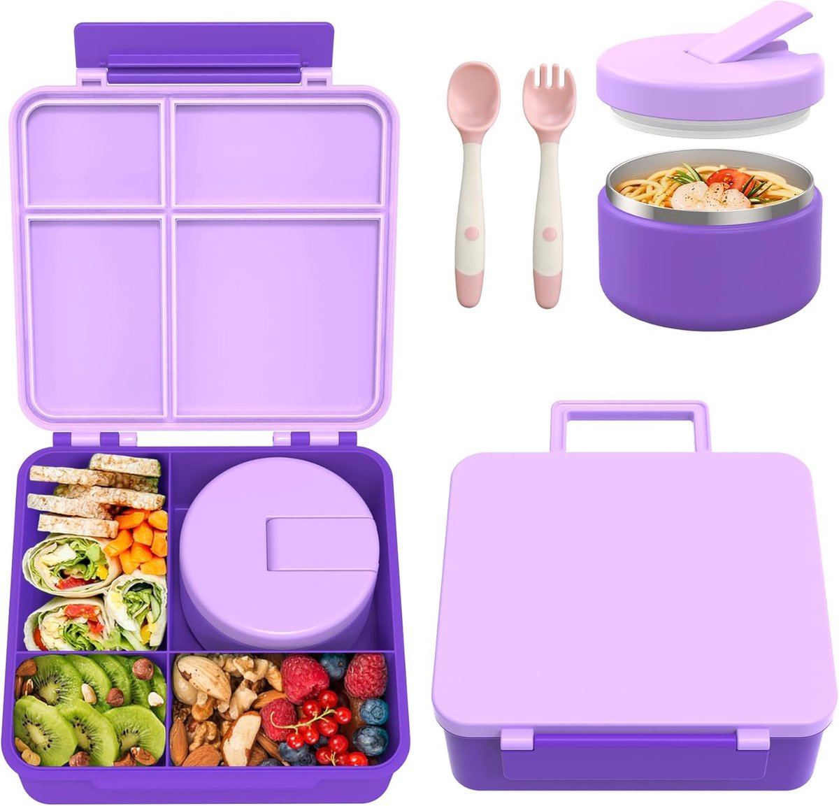 Thijox - Lunch Box Kinderset met 300 ml Thermocontainer, Lekvrij, 4 Vakken Broodtrommel voor Kinderen, Geïsoleerde Lunchtas, BPA-vrij, Ideaal voor Sch