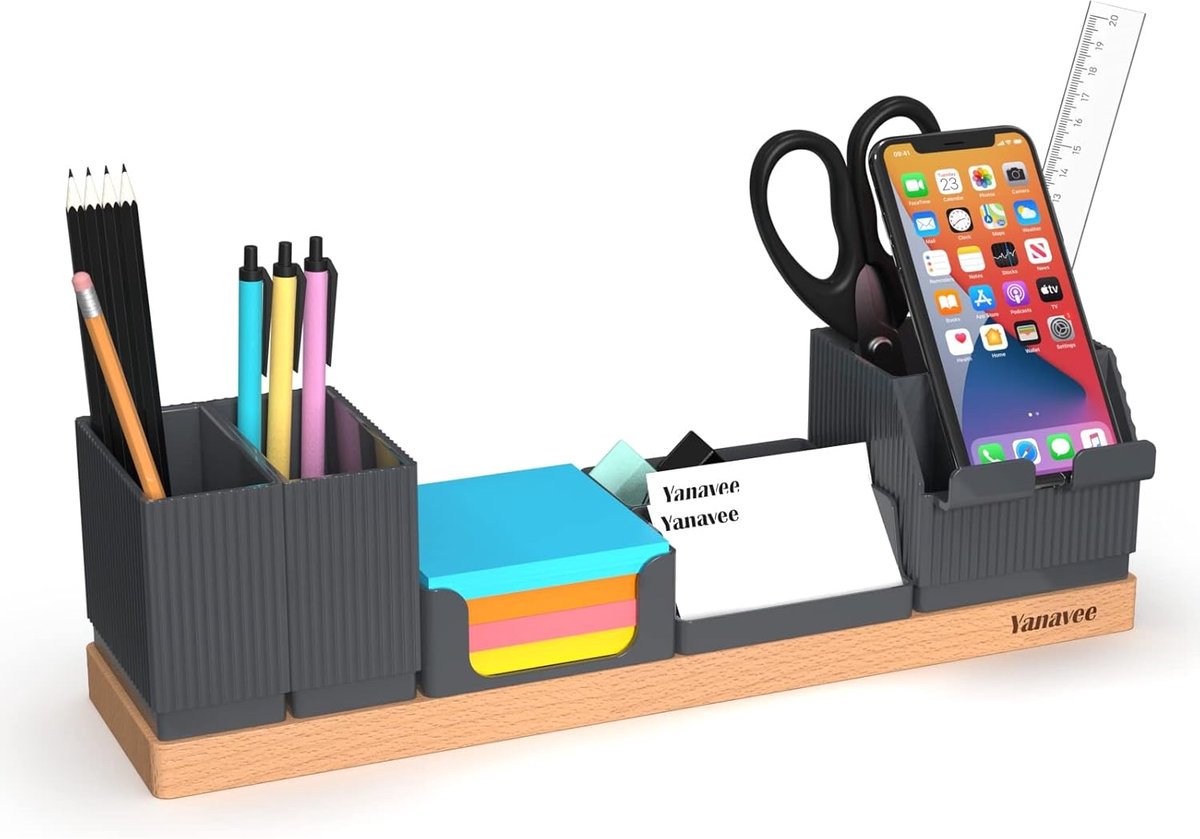 SnelShoppen - Bureau-organizer, Tafelorganizer van Hout, Verstelbare Penhouder, Telefoonstandaard, Visitekaarthouder, Ruimtebesparende Grijze Potloodh