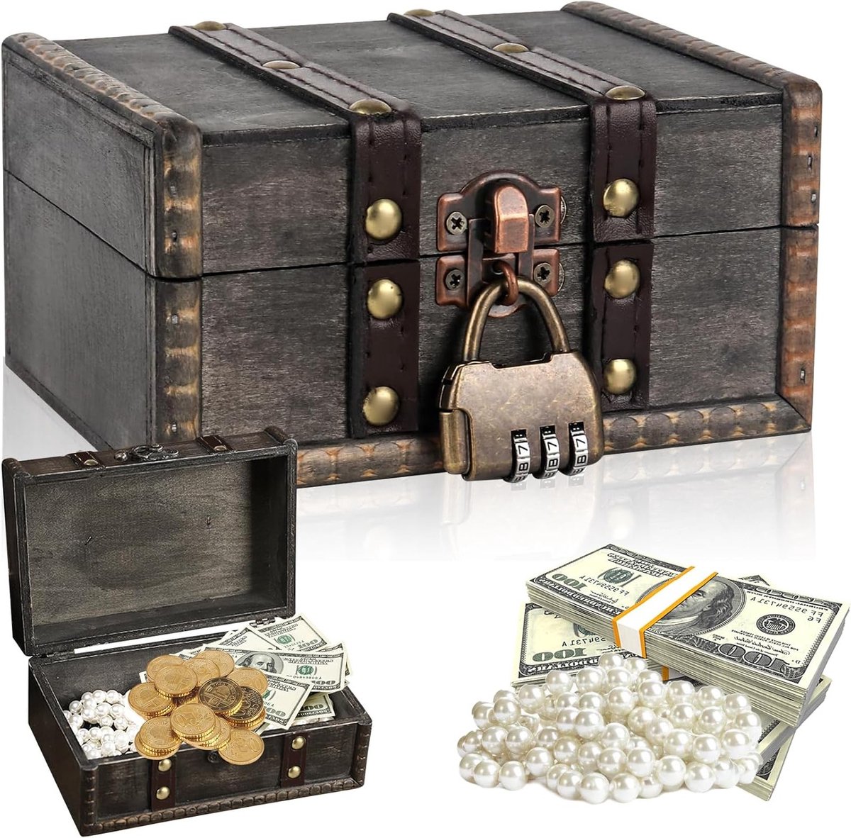 Vintage Houten Schatkist met Combinatielock - Kleine Piratenschatkist voor Sieradenopslag en Decoratie - 15 x 12 x 8 cm, Perfect voor Kinderen en Verjaardagen