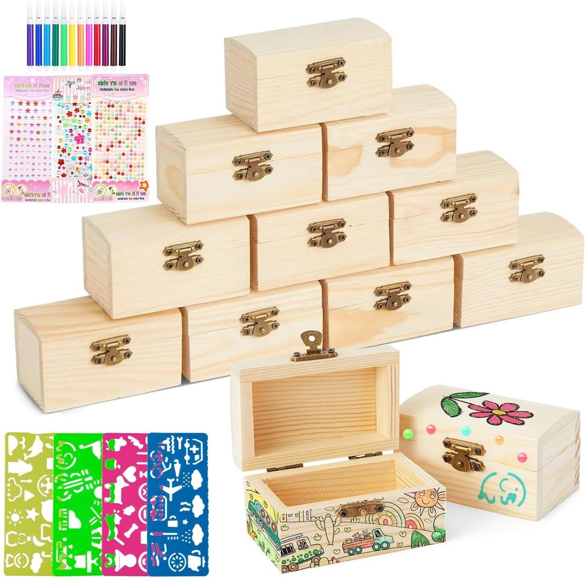 Set van 10 Mini Schatkisten - Houten Dozen met Deksel 9 x 5,5 x 5 cm, Creatieve Knutseldozen voor Verjaardagsfeestjes en DIY Activiteiten voor Kinderen