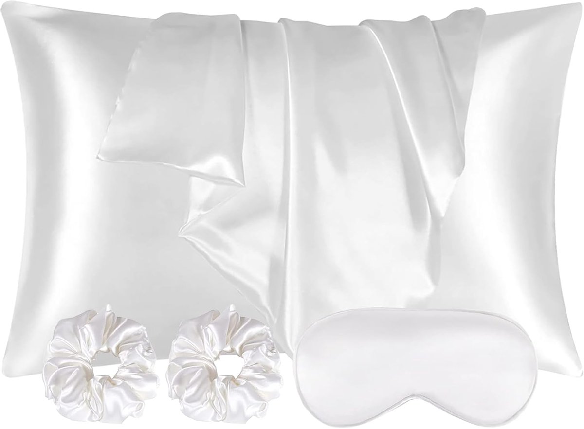 Thijox - Set van 2 satijnen kussenslopen 50 x 80 cm, zachte kussenslopen voor haar en huid, wit met oogmasker en haarelastiekjes, luxe bedtextiel voor