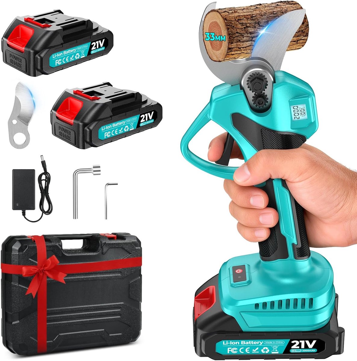 Thijox - Draadloze Elektrische Snoeischaar met Borstelloze Motor, 33 mm Snijcapaciteit, LCD-scherm, 2 Batterijen en Reservemessen voor Tuinieren, Olij