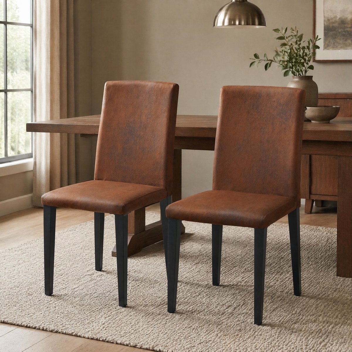 COVREO Eetkamerstoelen set van 2 38 x 47 x 90 cm – bruin stof, zwarte metalen poten