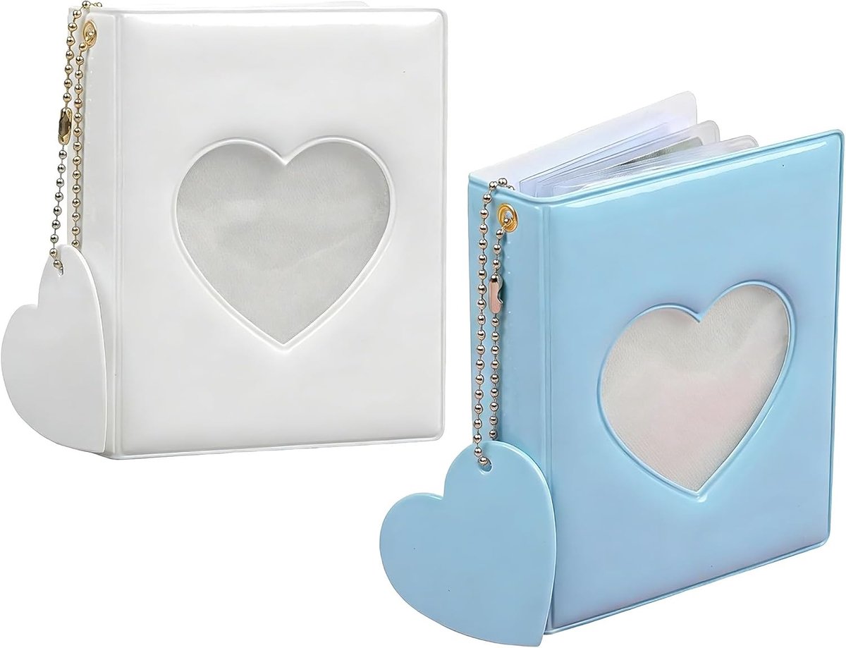 SnelShoppen - Mini Foto Album Set van 2 met Hart Pendant, 3-Inch Kpop Foto Kaart Houder voor 32 Kaarten in Blauw en Wit - Perfect voor Feestjes en Cad