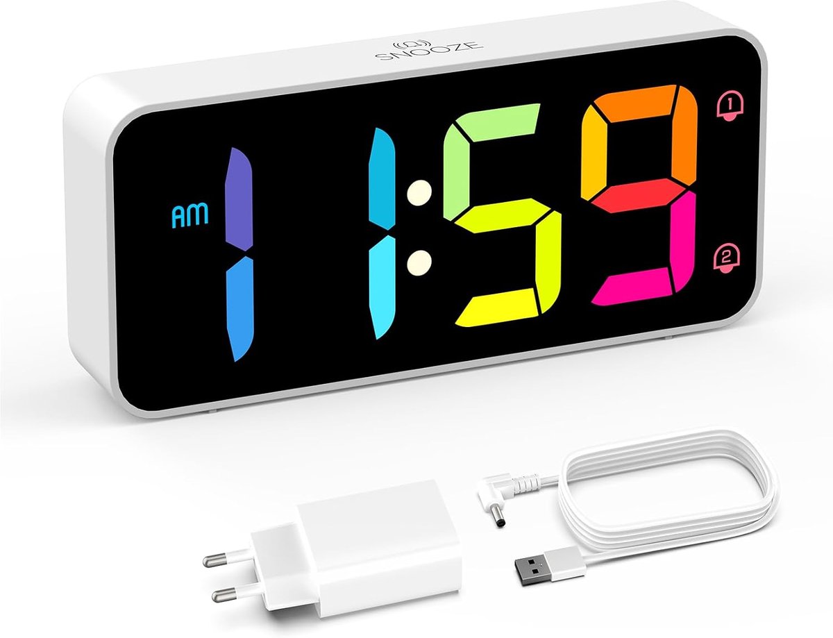 SnelShoppen - Digitale LED Wekker met Grote RGB-Cijfers, Dubbel Alarm, Sluimerfunctie, Instelbare Helderheid, 8 Melodieën, Inclusief USB Stroomvoorzie