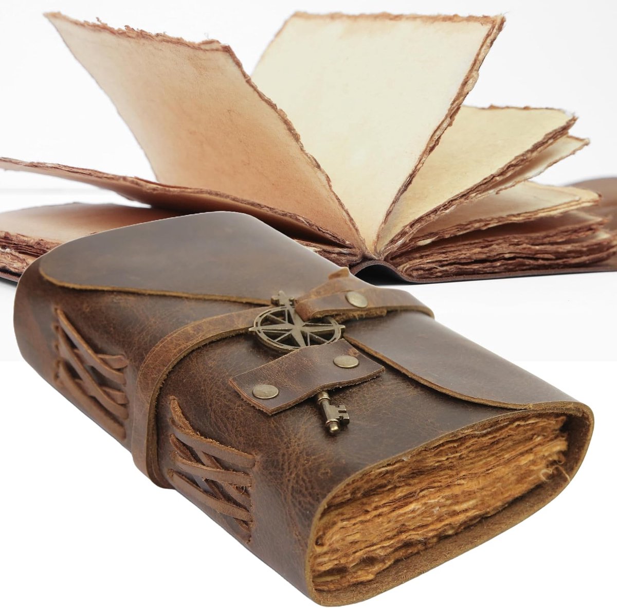 SnelShoppen - Vintage Lederen Notitieboek 10x15cm - Antiek Handgemaakt Notitieboek met Randpapier - Perfect voor Schrijven, Schetsen, of als Grimoire