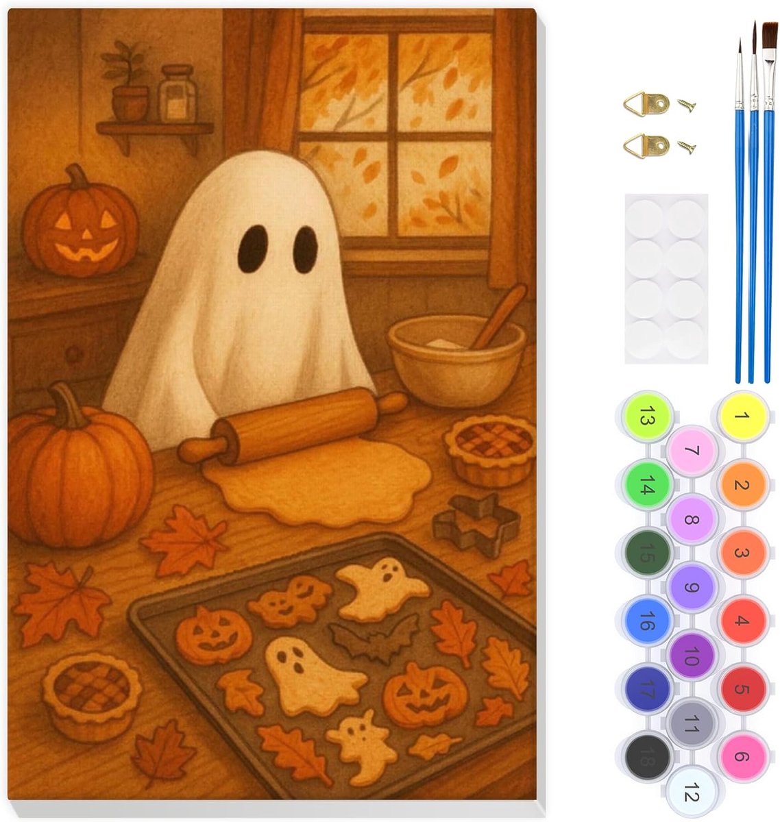 SnelShoppen - Verf op Nummer Volwassenen DIY Kit Ghost Cookie met Frame - Kreukvrij Canvas Schilderen op Nummer - Acryl Pigment Kunstset 20x30 voor Ca