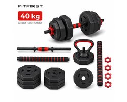 FitFirst 4-in-1 Verstelbare Dumbbells, Halter & Kettlebell Set – 40 kg – Complete Thuisgym Oplossing – Zwart/Rood