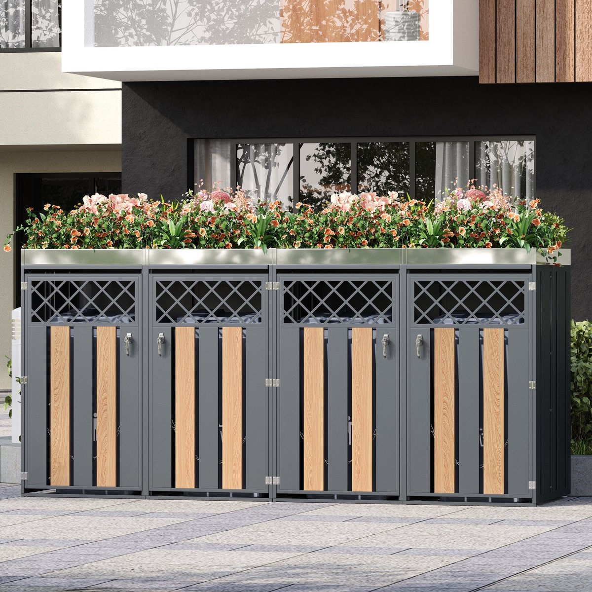 FloraGrace Containerberging - 4 Vakken - Afsluitbaar - 132 x 80 x 124,5 cm - Metaal in Grijs en Houtlook - Met Plantenbak en Ventilatie