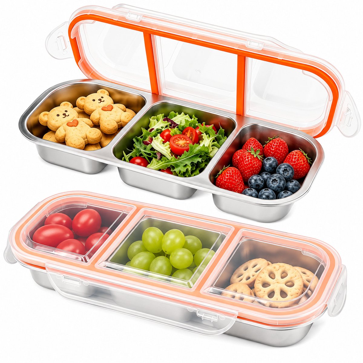 2-Stuks RVS Snackbox 3 Vakken - Lekvrije Lunchbox RVS - Duurzame Vershoudbakjes met Deksel voor School, Werk & Onderweg - BPA-vrij