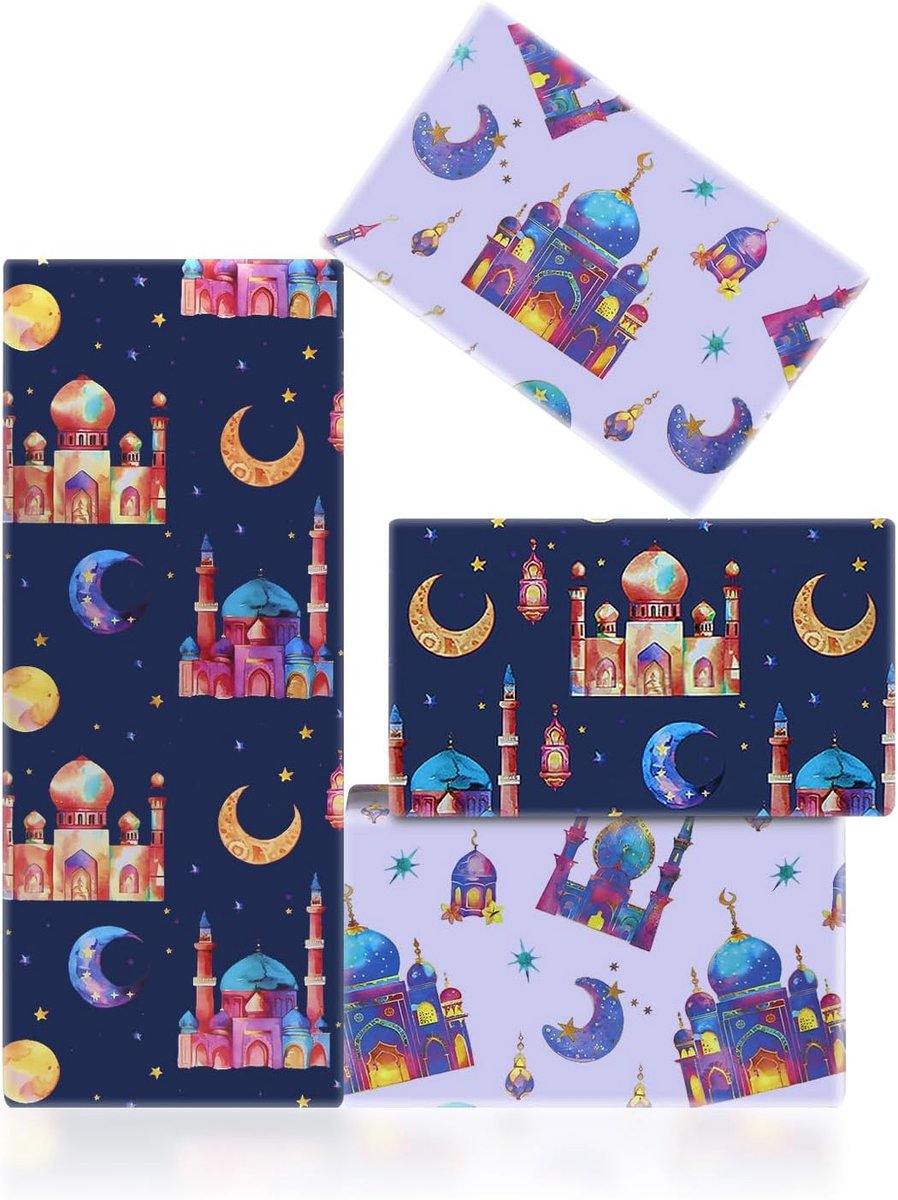 SnelShoppen - Eid Inpakpapier - 4 Vellen Kleurrijk Moskee Maan Ster - Ramadan Eid Mubarak Al-Adha Geschenkpapier - Roze Blauw Paars - Perfect voor Isl