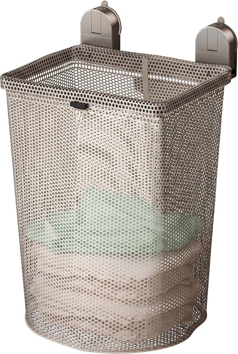 Ulisem - Zuignap wasmand - 2026 nieuw grijs voor student en badkamer - Wandmontage zonder boren - Sterke zuignap voor glas en tegels - Afneembare mesh waszak - Ademend gaas voorkomt geurtjes - Incl ophanghaak - Eenvoudig te monteren - Grijs