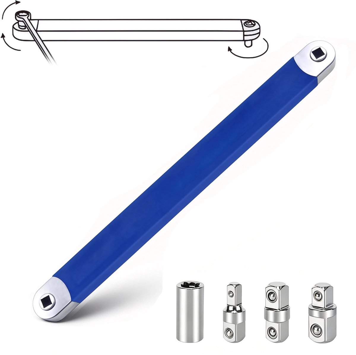 Verlengsleutel voor krappe ruimtes - Dubbele ratel ringsleutel - Ratchet Extension met 1/2", 1/4" en 3/8" inch aandrijfadapters - Professioneel gereedschap