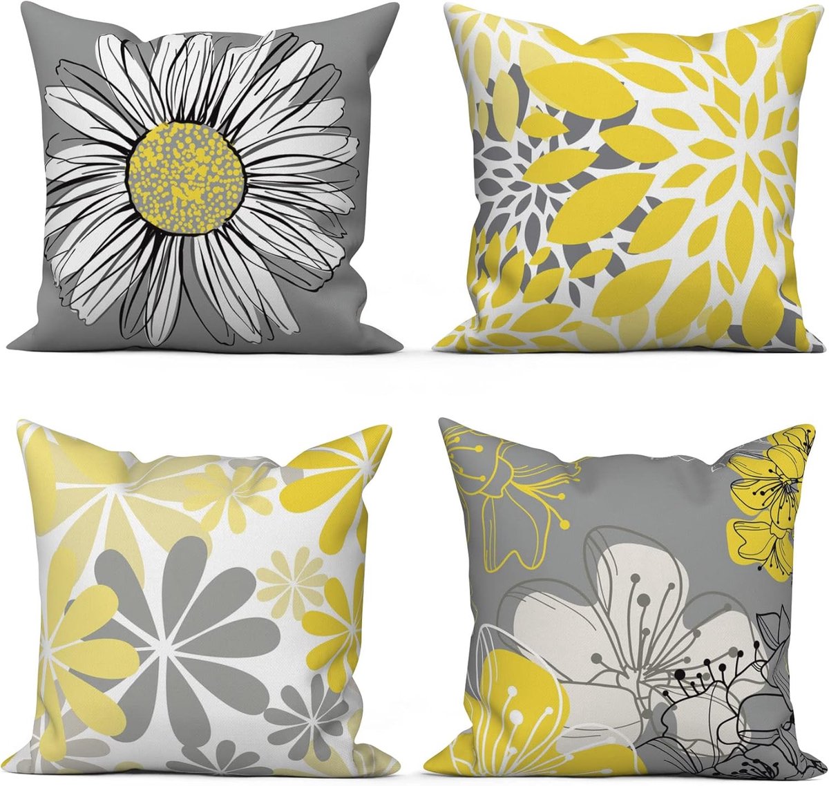 SnelShoppen - Set van 4 Gele Kussenhoezen 45 x 45 cm met Moderne Lente Bloemen in Geel en Grijs - Wasbare Polyester Linnen Kussen Covers voor Bank, Tu