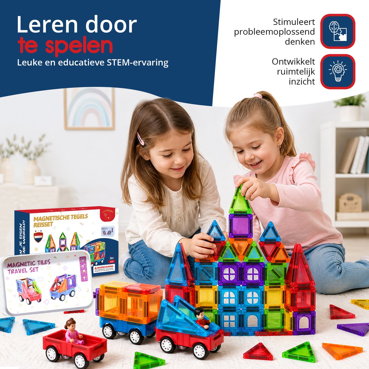 GOUDHARD® Magnetic Tiles - Magna Tiles Travel Set - Racebaan - 68 stuks - Magnetisch Speelgoed - Constructiespeelgoed - Educatief & Montessori - Magnetische Tegels - Bouwstenen - Mini - Inclusief Opbergdoos en 2 auto’s — cadeau in Spellen & Speelgoed - foto 7