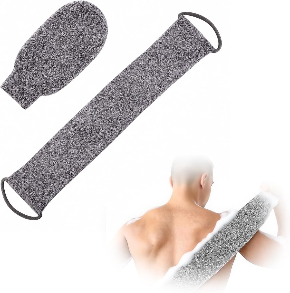 SnelShoppen - 2x Back Scrubber voor Douche, Exfoliërende Scrub Spons van Bamboe Vezels en Loofah, Grijs, Zachte Bad Spons voor Huidreiniging en Verwij